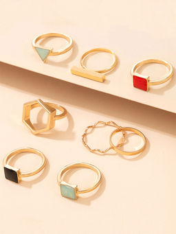 Yellow Chimes - Set Of 8 Pcs Gold Toned Trendy Style Midi Finger Rings