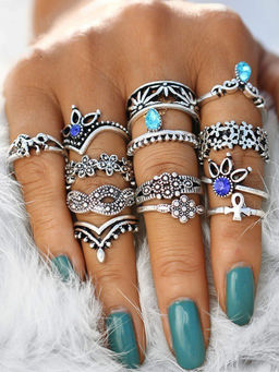 Yellow Chimes - Set Of 13 Pcs Oxidised Silver Bohemian Vintage Style Mid Finger Rings