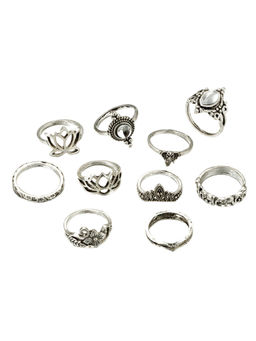 Yellow Chimes - Set Of 10 Pcs Oxidised Silver Boho Vintage Style Mid Finger Rings