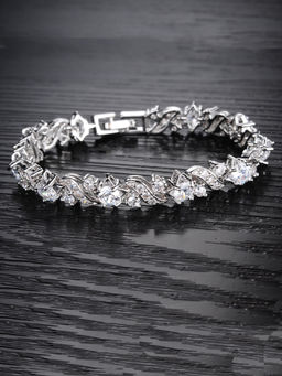 Yellow Chimes - Designer Clear Crystals Studded Silver -Toned Glimmering Tennis Bracelet