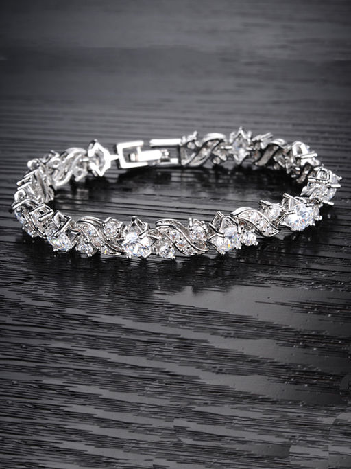 Yellow Chimes Designer Clear Crystals Studded Silver -Toned Glimmering Tennis Bracelet