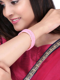 Yellow Chimes - Set Of 4 Pcs Gold Toned Handcrafted Pink Beads Bangles