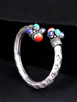 Yellow Chimes - Silver -Toned Afghani Style Oxidized Silver Handcrafted Kada Bracelet