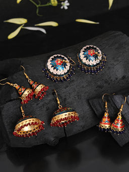 Yellow Chimes - Combo 5 Pairs Handcrafted Meenakari Jhumka Earrings (Pack of 5)