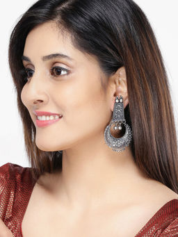 Yellow Chimes - Silver Plated Oxidised Chandbali Earrings