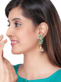 Yellow Chimes - Gold - Toned Green Handcrafted Leafy Dome Shaped Jhumka Earrings
