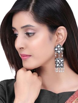 Yellow Chimes - Silver Oxidized Light Weight Square Shaped Mirror Jhumka Earrings