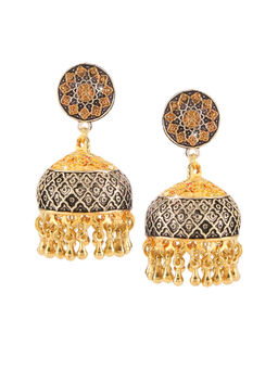 Yellow Chimes - Dual Tone Traditional Silver And Gold Oxidized Jhumki Earrings