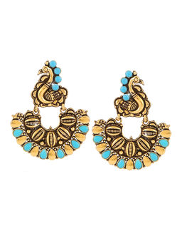 Yellow Chimes - Peacock Shaped Blue Studded Stones Oxidised Golden Traditional Chand Bali Earrings