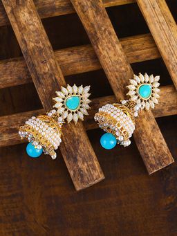 Yellow Chimes - Gold Toned Blue Studded Stone Floral Pearl Jhumki Earrings