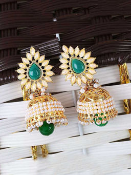 Yellow Chimes - Gold Toned Green Studded Stone Floral Pearl Jhumki Earrings