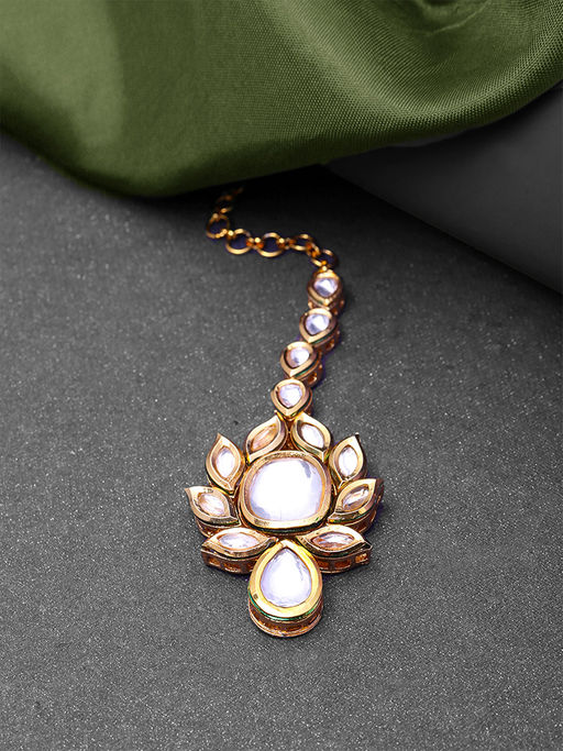 Yellow Chimes Gold - Toned Handcrafted Kundan Studded Maang Tikka