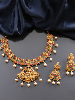 Yellow Chimes - Stone Studded Gold-Tone Handcrafted Choker Temple Necklace With Earring (Set of 2)