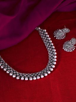 Yellow Chimes - Oxidised Silver-Plated Kolhapuri Work Necklace With Earring (Set of 2)