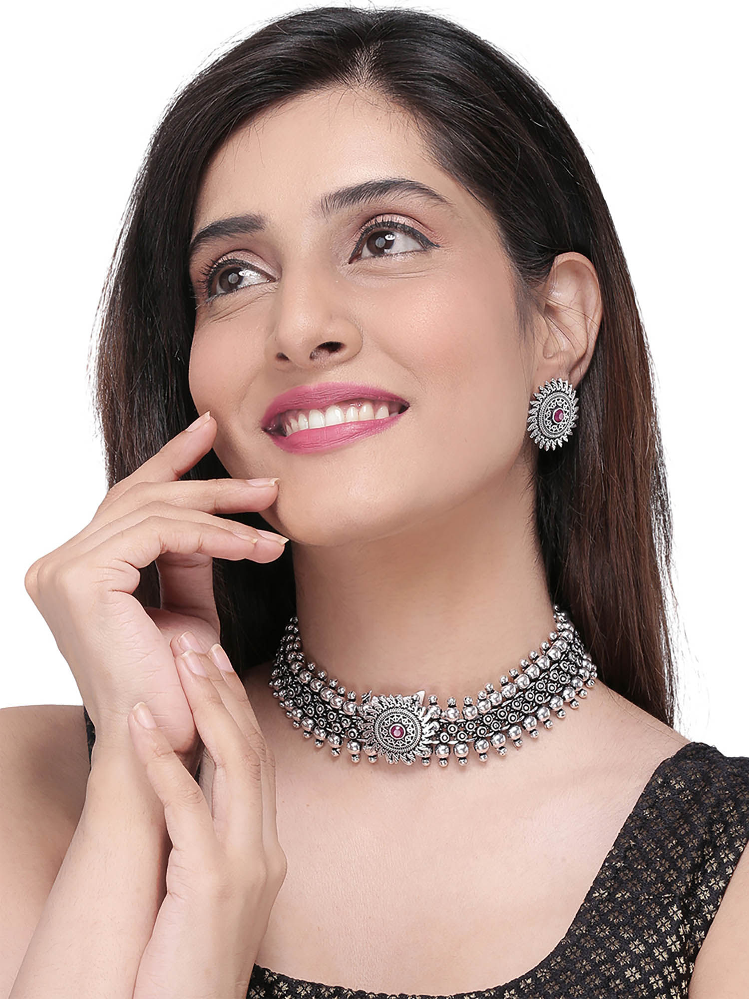 Buy Yellow Chimes Silver Look-Alike Oxidised Floral Choker