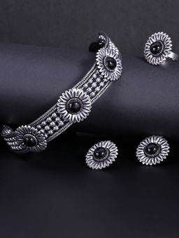 Yellow Chimes - Silver Oxidised - Plated Floral Beads Choker Jewellery (Set of 2)