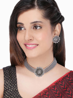 Yellow Chimes - Oxidised Silver- Toned Designer Floral Choker Necklace (Set of 2)