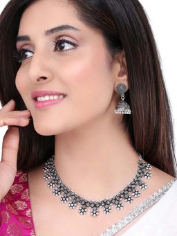 Yellow Chimes - Oxidised Silver Floral Shaped Kolhapuri Choker Necklace Set