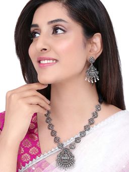 Yellow Chimes - Artistic Crafted Silver Oxidised Lakshmi Theme Jewellery Set