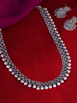 Yellow Chimes - Oxidised Silver-Plated Kolhapuri Work Long Necklace (Set of 2)