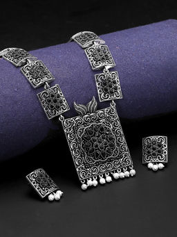 Yellow Chimes - Oxidised Silver Statement Style Long Necklace With Earring (Set of 2)