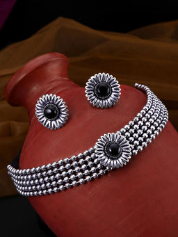 Yellow Chimes - Beads Layered Silver-Toned Black Floral Choker Necklace And Earring (Set of 2)