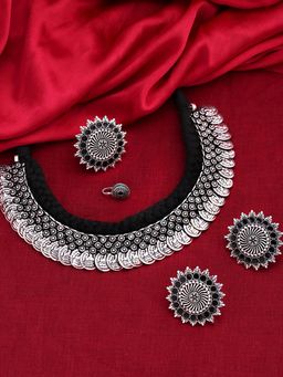 Yellow Chimes - German Silver Black Lakshmi Coins Necklace With Earring And Nose Pin (Set of 3)