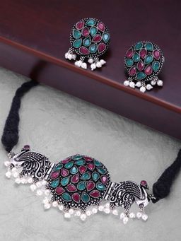 Yellow Chimes - Silver Oxidised Multi-Color Studded Stone Peacock Design Threaded Choker Necklace Set