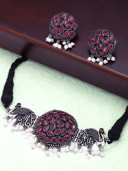 Yellow Chimes - Silver Oxidised Pink Studded Stone Peacock Design Threaded Choker Necklace Set