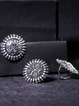 Yellow Chimes - Oxidized Silver Artistic Crafted Combo Of Earring And Ring Set