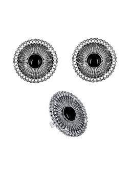 Yellow Chimes - Oxidized Silver Combo Of Artistic Crafted Traditional Stud Earrings With Ring