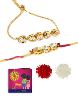 Yellow Chimes - Combo of 2 Pcs Dori Worked Kundan Studded Bhaiya Bhabhi Rakhi With Roli Chawal & Card