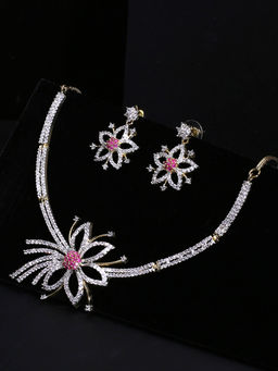 Yellow Chimes - Floral American Diamond Gold-Toned Necklace and Earrings (Set of 2)