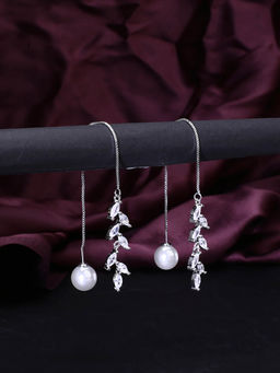 Yellow Chimes - CZ Leafs and Fresh water Pearl Threader Earrings