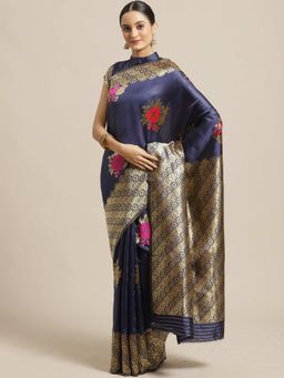 Sareemall - Navy Blue Floral Printed Saree