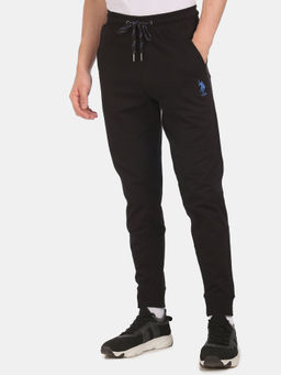 U.S. POLO ASSN. - Men Black Drawstring Waist Solid Loop Knit Joggers