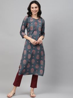 Ziyaa - Women's Grey Color Screen Print Straight Kurta