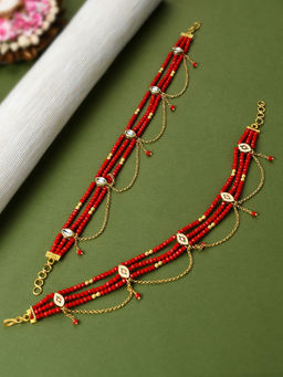 Zaveri Pearls - Red Crystal Beads chain Tassel Wedding Collection Kundan Payal-ZPFK10469