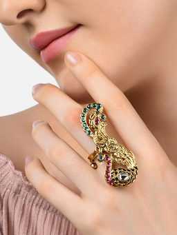 Zaveri Pearls - Green & Pink Peacock Inspired Ethnic Finger Ring-ZPFK11076