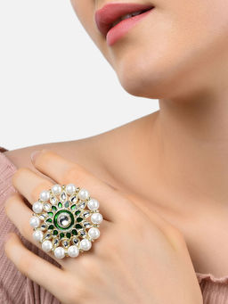 Zaveri Pearls - Green Meenakari Traditional Kundan & Pearls Finger Ring-ZPFK11078