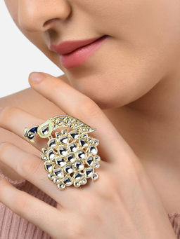 Zaveri Pearls - Blue & Green Meenakari Peacock Inspired Ethnic Kundan Finger Ring-ZPFK11079