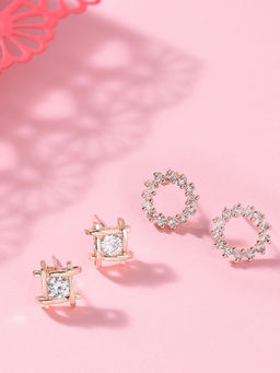 Zaveri Pearls - Set of 2 Rose Gold Cubic Zirconia Brass Stud Earrings-ZPFK11146