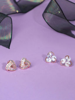Zaveri Pearls - Set of 2 Rose Gold Cubic Zirconia Triangular Brass Stud Earrings-ZPFK11150