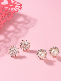 Zaveri Pearls - Set of 2 Gold Tone Cubic Zirconia Flowers Brass Stud Earrings-ZPFK11152