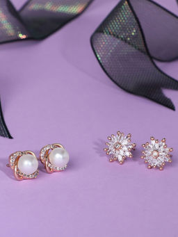 Zaveri Pearls - Set of 2 Gold Tone Contemporary Cubic Zirconia Brass Stud Earrings-ZPFK11160