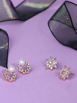 Zaveri Pearls - Set of 2 Gold Tone Floral Cubic Zirconia Brass Stud Earrings-ZPFK11162