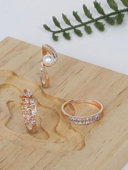 Zaveri Pearls - Set of 3 graceful Rose Gold Contemporary Cubic Zirconia Brass Rings-ZPFK11174