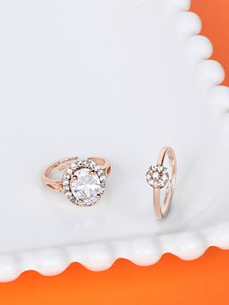 Zaveri Pearls - Set of 2 Rose Gold Flower & Oval Shape Cubic Zirconia Brass Rings-ZPFK11190