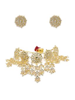 Zaveri Pearls - Antique Gold Tone Kundan & Pearls Traditional Choker Necklace & Earring (Set of 2)