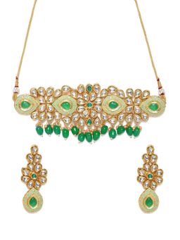 Zaveri Pearls - Gold Kundan & Beads Enamelling Green Choker Necklace & Earring (Set of 2)